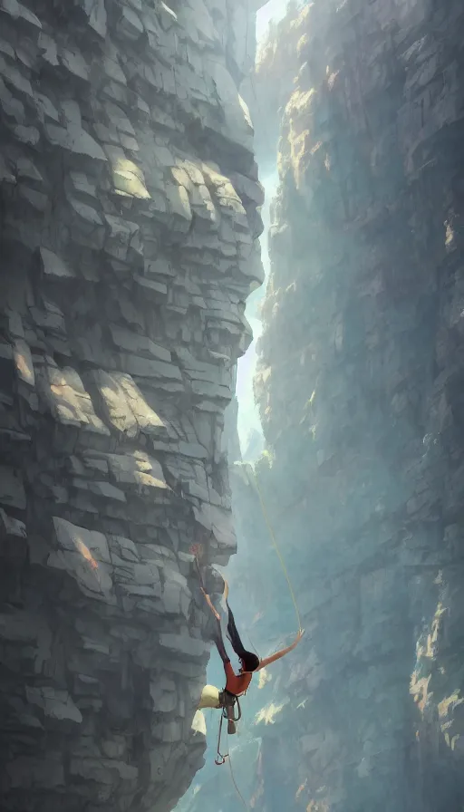 Image similar to A highly detailed matte painting of huge climbing wall by Studio Ghibli, Makoto Shinkai, by Artgerm, by WLOP, by Greg Rutkowski, volumetric lighting, octane render, 4K resolution, trending on artstation, masterpiece