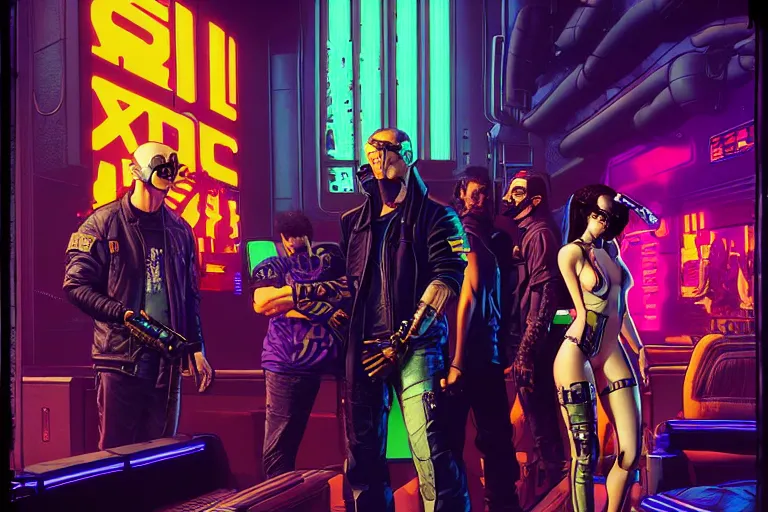 Prompt: cyberpunk assassins in nightclub. portrait by stonehouse and mœbius and will eisner and gil elvgren and pixar. character design. realistic proportions. cyberpunk 2 0 7 7 character art, blade runner 2 0 4 9 concept art. cel shading. attractive face. thick lines. the team. diverse characters.