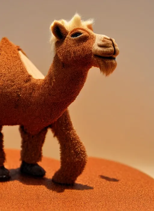 Prompt: 80mm resin detailed miniature of fluffy camel in desert, coca cola in camel head, Product Introduction Photos, 4K, Full body, fir background
