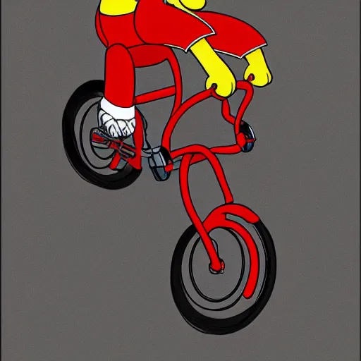 Image similar to homer Simpson riding a red bike, detailed , award winning, art, 8k