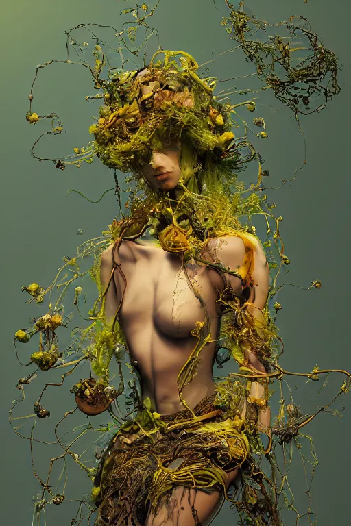 Image similar to an epic non - binary model, subject made of cracked clay, vine headdress, cables all over, flowing dress, with yellow and green bubbles bursting out, delicate, beautiful, intricate, melting into jolteon, houdini sidefx, by jeremy mann and ilya kuvshinov, jamie hewlett and ayami kojima, bold 3 d