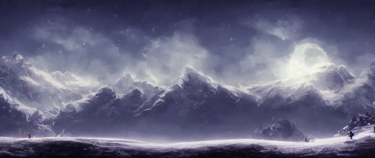 Image similar to snowy mountain range, stars in sky, whales flying in clouds, digital painting, concept art, high detail, style of Jordan Grimmer, fluffy calm clouds, matte painting, high res, moon shine, volumetric, starry sky