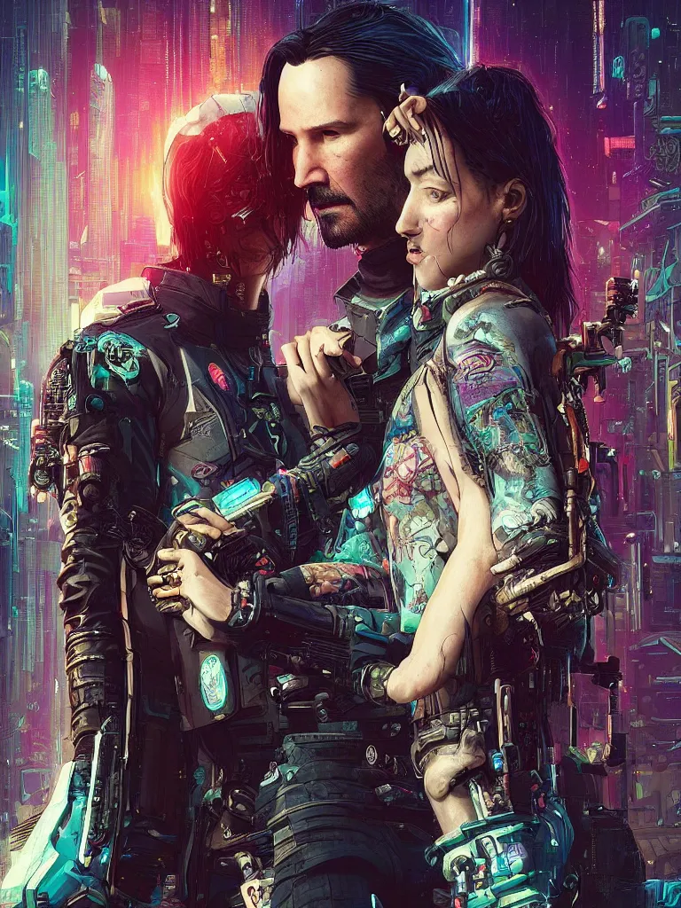 Prompt: a cyberpunk 2077 wedding couple portrait of Keanu Reeves and V in love story,pray,hug,hold,kiss,film lighting,by Lawrence Alma-Tadema,Andrei Riabovitchev,Laurie Greasley,Dan Mumford, John Wick,Speed,Replicas,artstation,deviantart,FAN ART,full of color,Digital painting,face enhance,highly detailed,8K,octane,golden ratio,cinematic lighting, no extra heads, no extra people