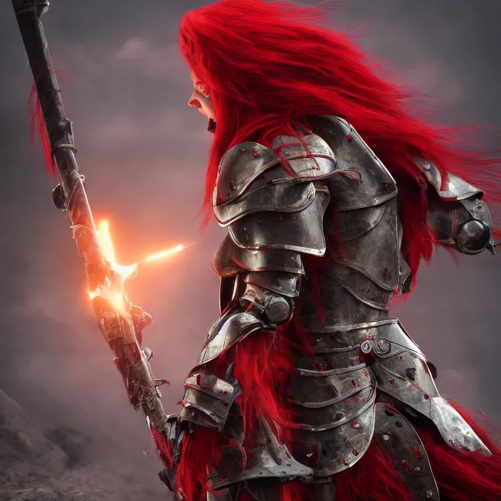 Image similar to a girl with a long red hair wearing a full-body red plate armor screaming in a battlefield, anatomically correct, hyperrealistic, concept art, octane render, unreal engine 5, 8K HDR, highly detailed, high quality, fantasy armor