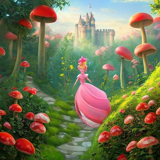 Image similar to portrait of princess peach from Mario, running up a hill of exotic flowers in the Mushroom Kingdom, giant red and white spotted mushrooms, and roses, from behind, Castle in distance, birds in the sky, sunlight and rays of light shining through trees, beautiful, solarpunk!!!, highly detailed, digital painting by Michael Garmash and Peter Mohrbacher