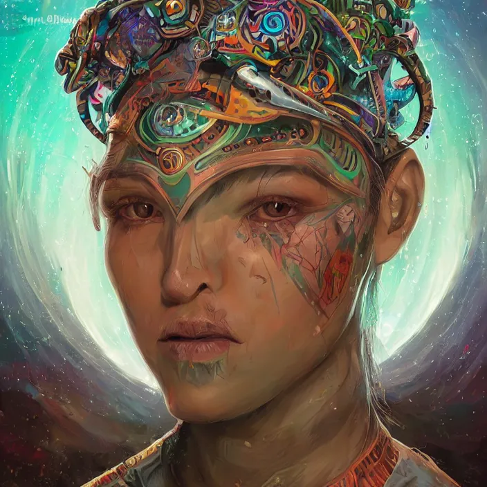 Image similar to portrait of a future metaverse ayahuasca tech shaman warrior, 2 d cartoon, visionary art, symmetric, magick symbols, holy halo, shipibo patterns, sci - fi, concept art, trending on art station, 8 k digital art, by mandy jurgens, fantasy portrait art, anime