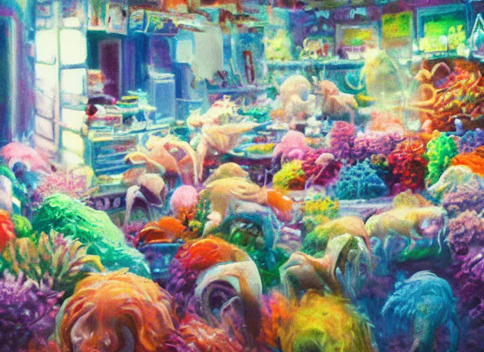 Image similar to clean impasto expressionist bright cheery placid pastel deep cozy moody cluttered painterly fluffy tiny cramped live pet store, aisles of aquariums, slanted ceiling, tiny space, particulate, trending on pixiv