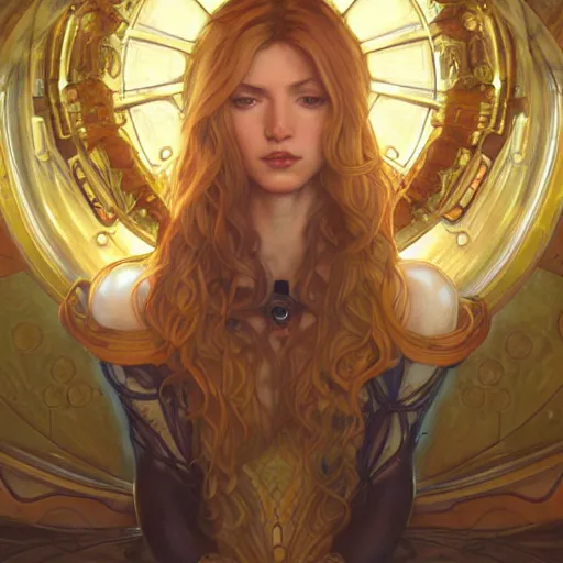 Prompt: Samus Aran from Metroid drawn by Donato Giancola and Tom Bagshaw, face by Artgerm and Edmund Leighton, Alphonse Mucha, background by James Jean and Gustav Klimt, 4k, porcelain skin, komorebi, french nouveau, trending on artstation, octane render, hyperrealistic