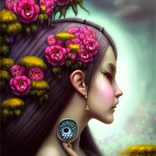 Prompt: profile medieval nicoletta ceccoli, mark ryden, lostfish, hyung tae, frank frazetta, face portrait of cyberpunk girl surrounded by flowers portrait, hyper realistic, artstation, illustration, digital paint, matte paint, vivid colors, bright, cheerful, detailed and intricate environment - h 7 0 4