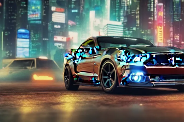 Image similar to ford mustang in cyberpunk city