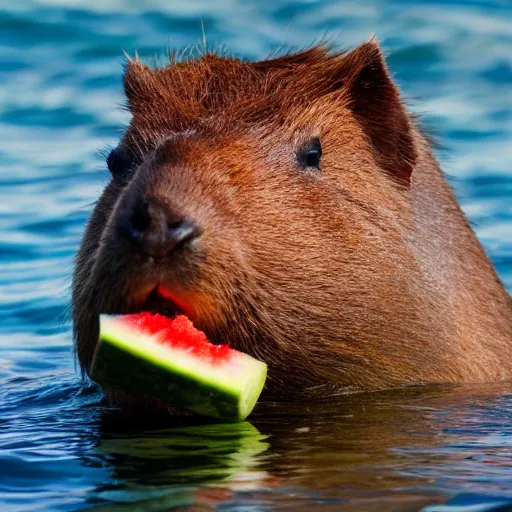 Image similar to a capybara swimming in the ocean while eating a watermelon, cinematic shot, sun rays, photo