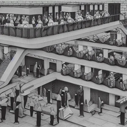 Image similar to people lining up, M.C. Escher painting, 4k drawing