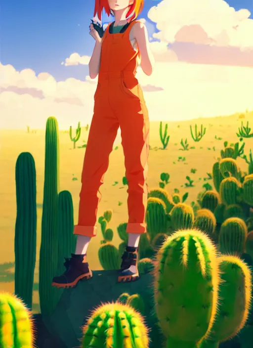 Image similar to portrait of cute redhead girl in orange jumpsuit with fox ears by ilya kuvshinov, holding a cactus, cloudy sky background lush landscape illustration concept art anime key visual trending pixiv fanbox by wlop and greg rutkowski and makoto shinkai and studio ghibli