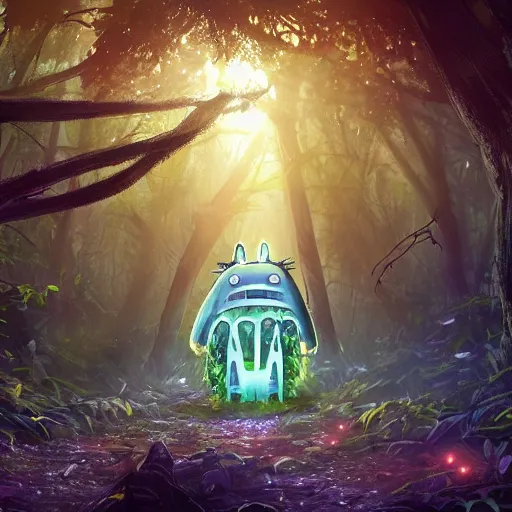 Prompt: A forest with a ray of light shining down onto the forest floor, tattered robot, totoro hiding behind tree, magical, enchanting, graveyard, studio ghibli, beautiful, fantasy, digital art, high detail, excellent quality, 4K, OLED