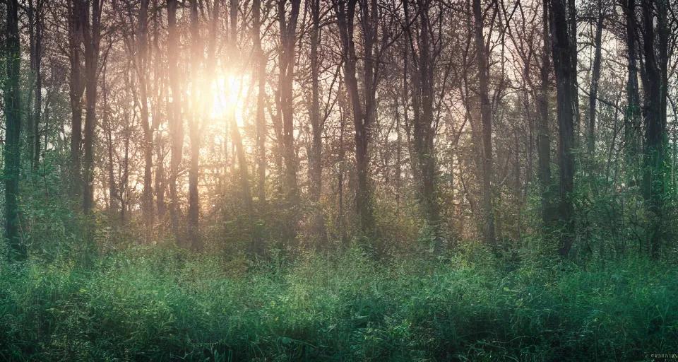 Prompt: softly glowing orbs of soft pastel light floating above the forest floor at twilight, illuminating the surrounding scenery