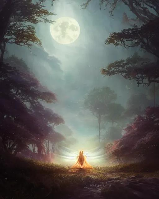 Image similar to attractive fairy goddness fly high in the night, d & d, fantasy, mist, full moon in background, trees, hyper detailed, art by artgerm and greg rutkowski and magali villeneuve, midium shot, 8 k realistic, cryengine, digital painting, trending on artstation, concept art, sharp focus, illustration,