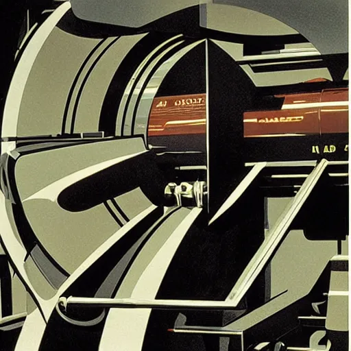 Image similar to syd mead illustration of an industrial lathe