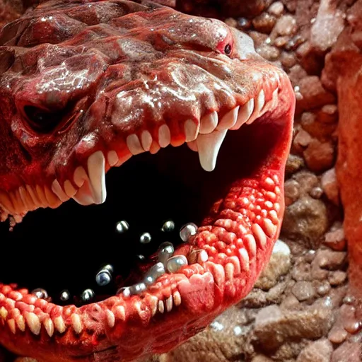 Image similar to photo inside a cavern of a wet reptilian humanoid putin with red eyes, open mouth with big teeth, partially hidden behind a rock with some blingblings