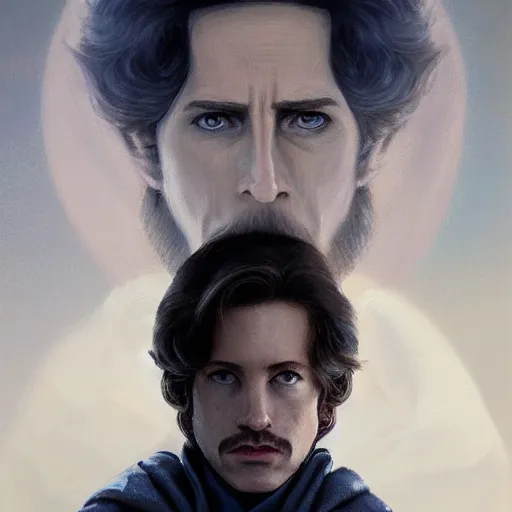 Image similar to realistic paul atreides emperor of the known universe, perfect dramatic and dark portrait by rabbitary b, trending on artstation, deviantart, dune, low angle oil painting and composition laws, dark foggy background, masculine man with thin lines on the face, medium - long curly brown hair, completely blue eyes, denis villeneuve cinematography