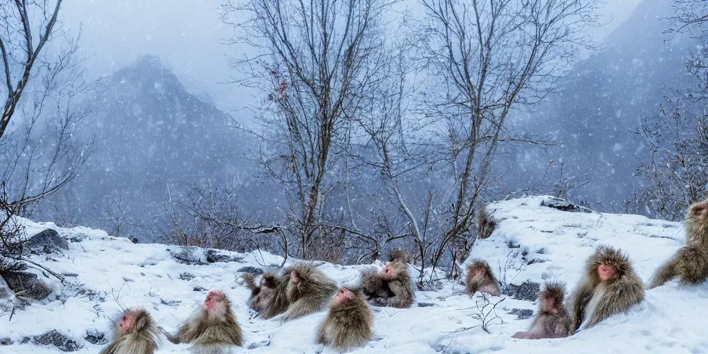 Prompt: scenic mountain setting, a family of snow monkeys gather at the natural spa to get warm, highly detailed, snow flurry, cold, steamy, desaturated blue, by Antoine Blanchard, inquisitive, striking, contemplative, happy, content, warm, by Antoine Blanchard