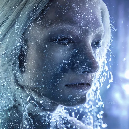 Image similar to futuristic female soldier eyes closed partly submerged in highly viscous clear fluid, frost particles, ice needles, cold blue light, complex hyperdetailed technical suit. white hair flowing. reflection. rays and dispersion of light. volumetric light. 5 0 mm, f / 3 2. noise film photo. ultra realistic, wide angle.