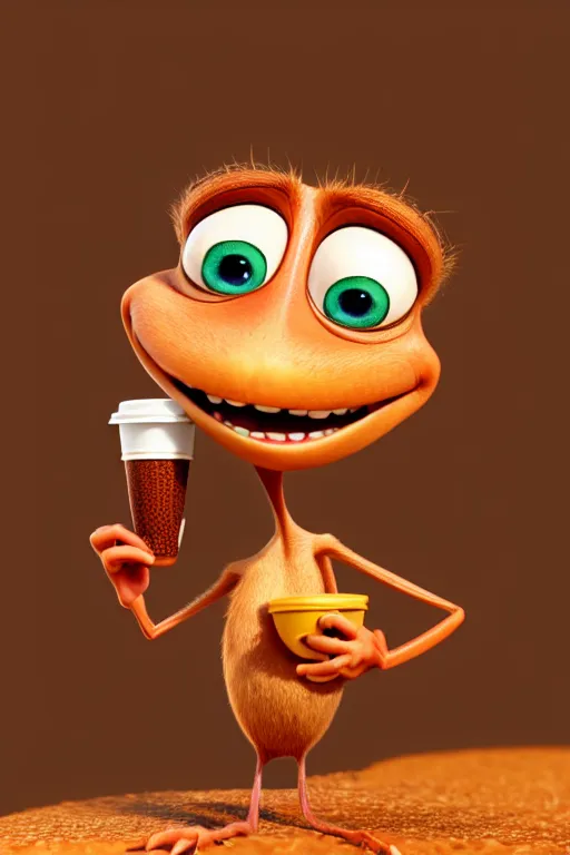 Image similar to a funny ant character with big eyes holding a cup of coffee on top of a leaf at a sunny morning. pixar disney 4 k 3 d render movie oscar winning trending on artstation and behance. ratatouille style.