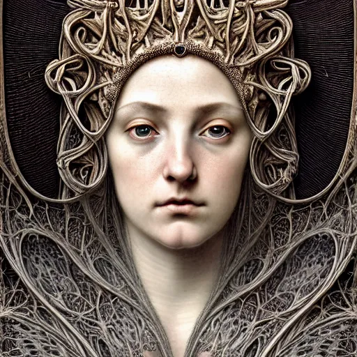 Image similar to detailed realistic beautiful young medieval queen face portrait by jean delville, gustave dore, iris van herpen and marco mazzoni, art forms of nature by ernst haeckel, art nouveau, symbolist, visionary, gothic, pre - raphaelite, fractal lace, surreality, horizontal symmetry, intricate hyper detailed ultra sharp octane render