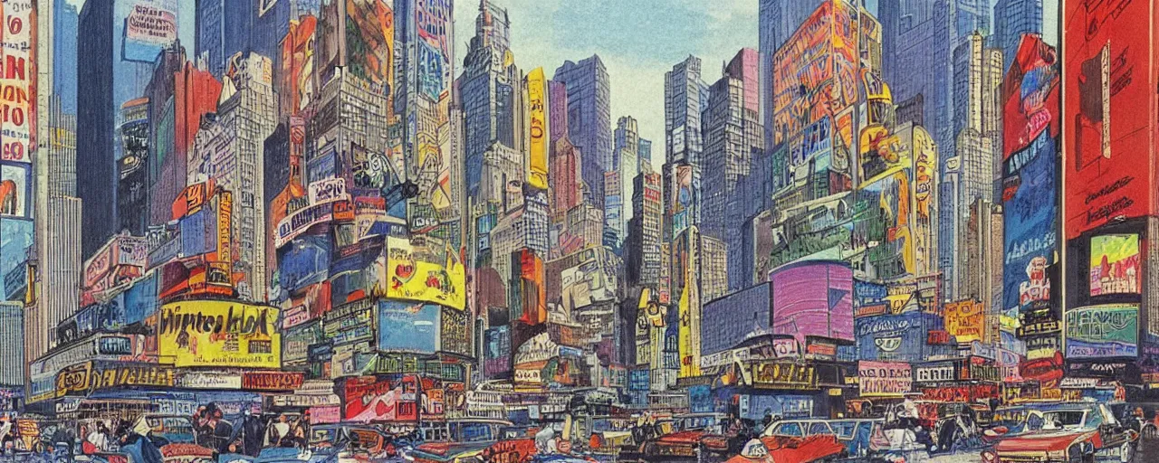 Image similar to a 2D drawing of new York in 1980s, colorful and beautiful by hiroshi yoshida