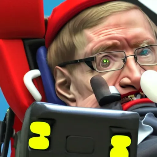 Prompt: stephen hawking in mario cart, in his wheelchair, gameplay footage