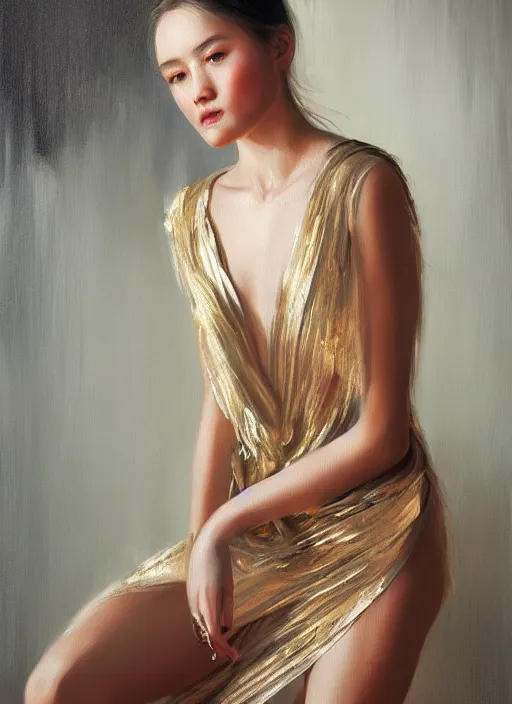 Prompt: girl portrait painting by WLOP, Andrei Riabovitchev, gold skin, transparent dress, highly detailed, harper's bazaar, vogue, magazine, concept art, ornate, luxury, elite, elegant, trending on artstation ,