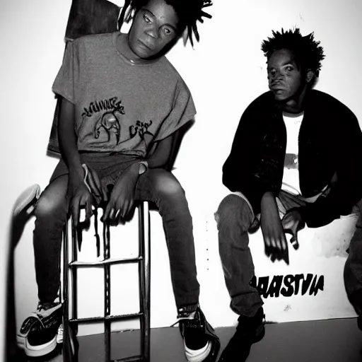 Image similar to photo of basquiat and kurt cobain in a high end studio, photorealistic,