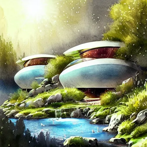 Image similar to beautiful happy picturesque charming sci - fi organic pod - like homes consisting of modules of the future in a beautiful natural scene. water, trees and rocks. beautiful light. soft colour scheme. beautiful artistic detailed watercolor by lurid. ( 2 0 2 2 )