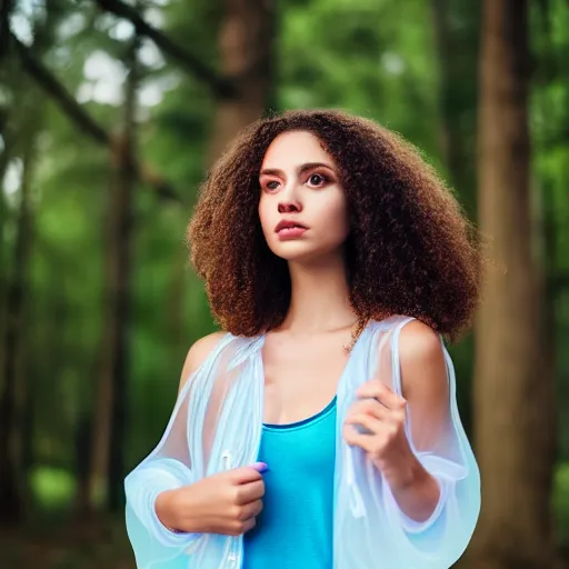 Image similar to selfie of a young woman, wearing a translucent and iridescent jacket over a tank top, curly long hair, caucasian, sigma 85mm f/1.4, 4k, depth of field, high resolution, 4k, 8k, hd, full color
