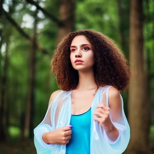 Prompt: selfie of a young woman, wearing a translucent and iridescent jacket over a tank top, curly long hair, caucasian, sigma 85mm f/1.4, 4k, depth of field, high resolution, 4k, 8k, hd, full color