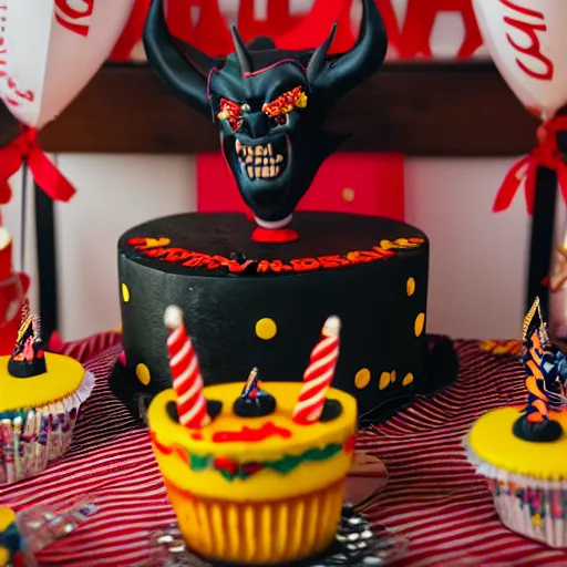 Image similar to the devil at his birthday party, cake, 8 k photography