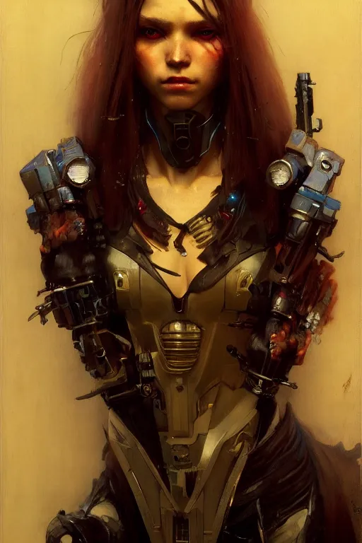 Prompt: full character portrait max mad cyberpunk, future tech solider girl character design, final fantasy face, painting by gaston bussiere, katsuya terada, nc wyeth, greg rutkowski, craig mullins, vermeer, trending on artstation, jeffery catherine jones