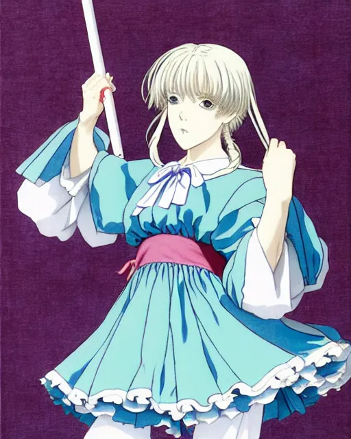 Image similar to late renaissance magical academy girl school uniform, pale cyan and grey fabric, painting by studio ghibli, ayami kojima, kentaro miura, takehiko inoue