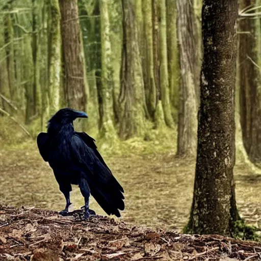 Image similar to male human and crow!! chimera, photograph captured in a forest