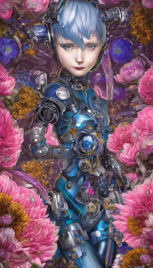 Image similar to full body head to toe portrait of a flowerpunk sci-fi cyborg ninja, third person, D&D, sci-fi fantasy, intricate, blue and gold, daisy and rose and peony, highly detailed, art by Range Murata, highly detailed, 3d, octane render, bright colors, digital painting, trending on artstation, sharp focus, illustration style of Stanley Artgerm, dramatic background