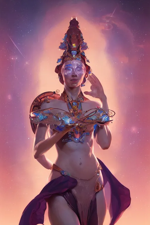 Image similar to goddess of space and time, accurate anatomy, only two hands, highly detailed, digital painting, artstation, concept art, smooth, sharp focus, illustration, Unreal Engine 5, 8K, art by Ross Tran and greg rutkowski and alphonse Mucha