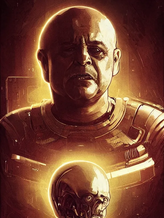 Image similar to portrait of a danny devito as an android from alien isolation, art by ryo shiotani and greg rutkowski, intricate, beautiful, cute, cinematic lighting, vintage art by serge ivanoff, high resolution, very detailed