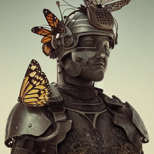 Prompt: a statue of a man in armor with a butterfly on his head, cyberpunk art by mike winkelmann, trending on cgsociety, fantasy art, made of insects, made of trash, made of crystals