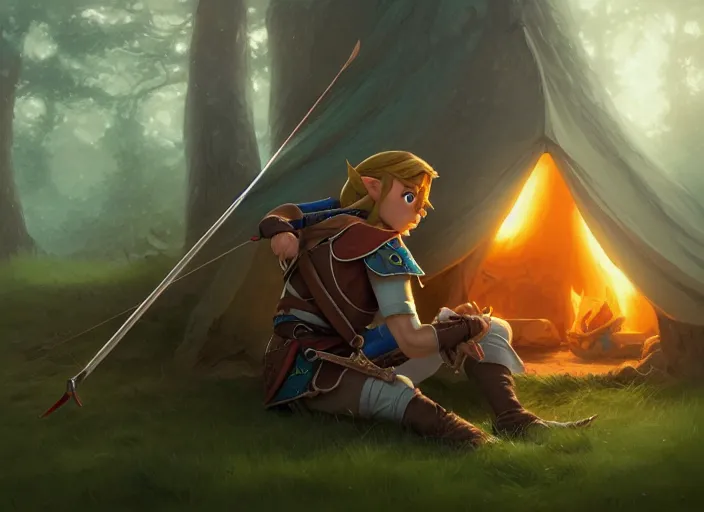 Image similar to full portrait of link from zelda resting with his bow at his tent. intricate, elegant, highly detailed, digital painting, artstation, concept art, smooth, sharp focus, illustration, by greg rutkowski, 8 k