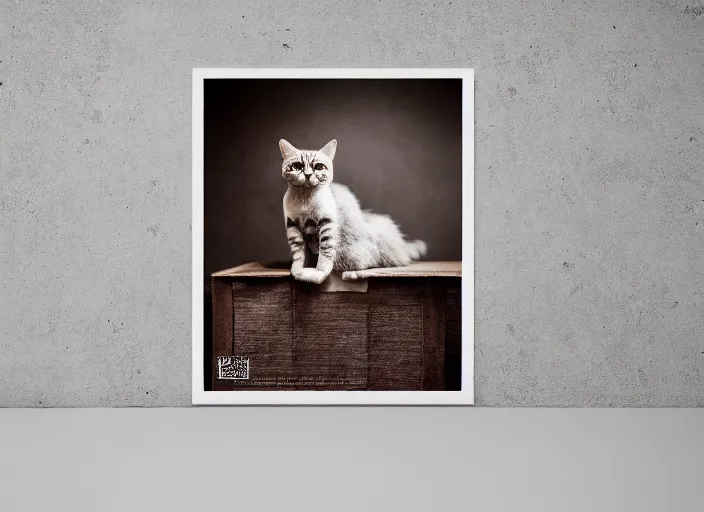 Image similar to photography of a Cat sitting on a box. in a room full of posters, photorealistic, raining award winning photo, 100mm, sharp, high res