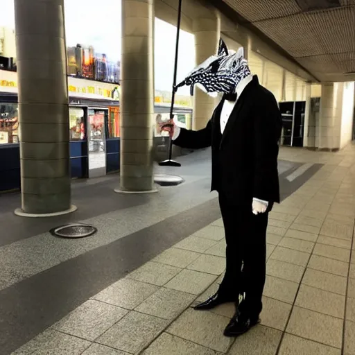 Image similar to a man in a tux wearing a white wolf mask playing the violin at a dirty metro station, unnerving, creepy, terrifying.