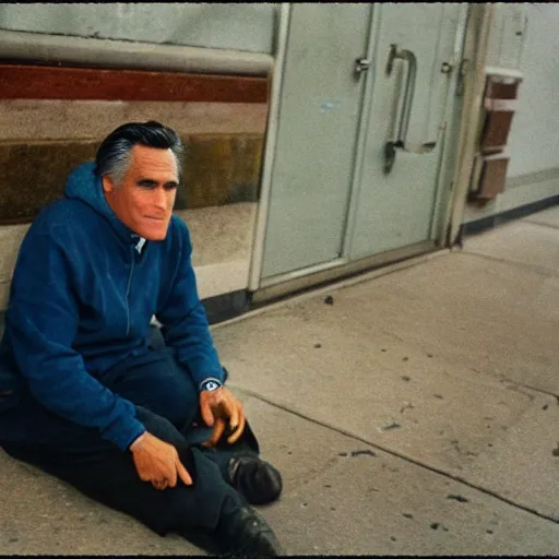 Image similar to Mitt Romney as a homeless man. CineStill