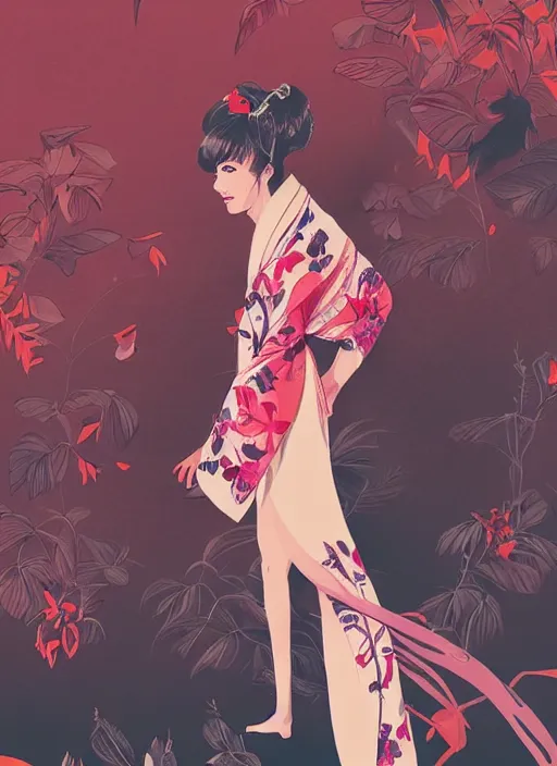 Image similar to character design, a fashion girl in kimono, concert poster retro, conrad roset, greg rutkowski, flume cover art