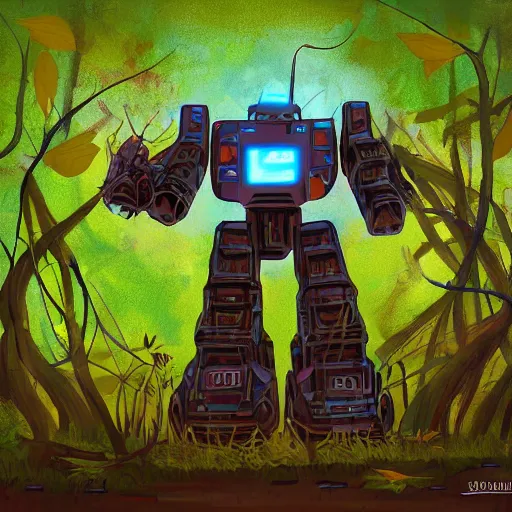 Image similar to giant metallic mech robot in the middle of a swamp, covered in many leaves and vines, digital painting, art