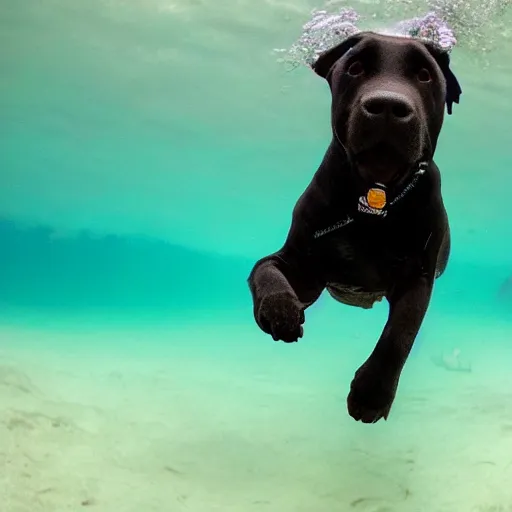 Prompt: a happy black labrabull dog swimming underwater, 8 k, ultra wide fisheye lens, national geographic style