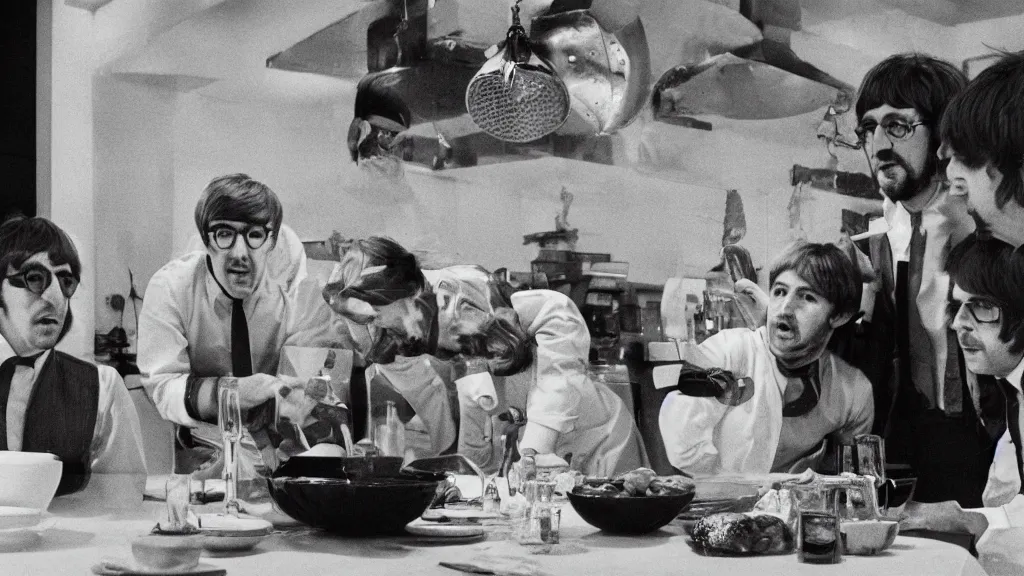 Image similar to The Beatles!!! drown in honey! in the kitchen, film still from the movie directed by Denis Villeneuve with art direction by Salvador Dalí, wide lens